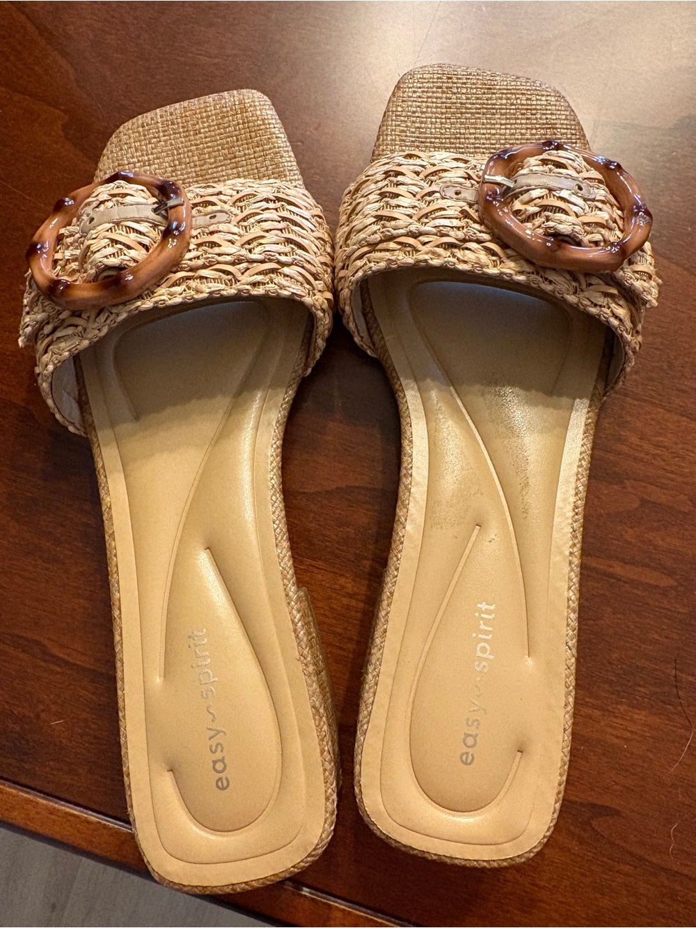 Easy Spirit Beige Woven Slide with Tortoiseshell Buckle